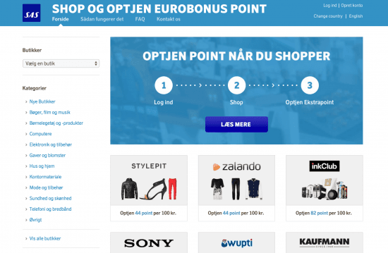 SAS Eurobonus optjen points på shopping
